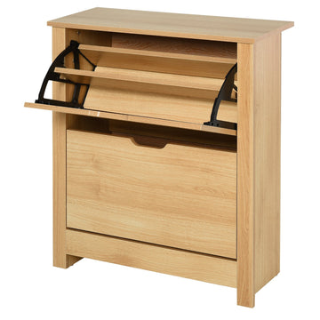 Narrow Shoe Cabinet, Space Saving Shoe Storage Cabinet with 2 Flip Drawers and Adjustable Shelves for 12 Pairs of Shoes for Hallways and Living Room, Natural Wood Finish