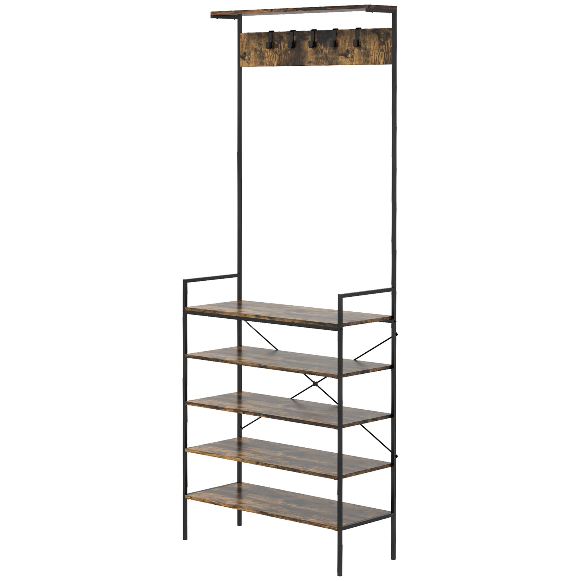 Coat Stand, Industrial Coat Rack with Shoe Storage, Free Standing Hall Tree with 5 Hooks, 5 Shelves and Steel Frame for Hallway, Entryway, Rustic Brown