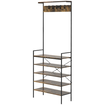 Coat Stand, Industrial Coat Rack with Shoe Storage, Free Standing Hall Tree with 5 Hooks, 5 Shelves and Steel Frame for Hallway, Entryway, Rustic Brown