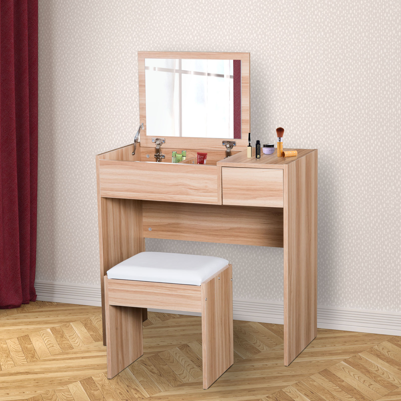 Makeup Desk with Drawer, Vanity Table Set with Flip-up Mirror and Cushioned Stool, Natural
