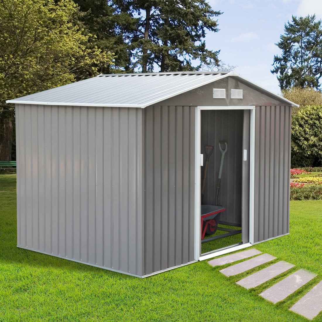 9 x 6FT Outdoor Garden Roofed Metal Storage Shed Tool Box with Foundation Ventilation & Doors Light, Grey