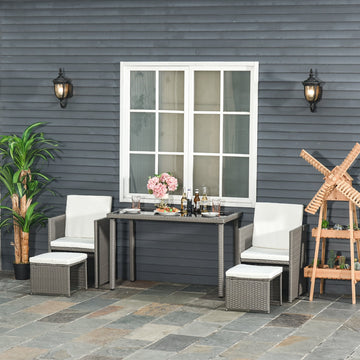 2 Seater Rattan Cube Garden Furniture Set, Rattan Dining Set with Cushions, Outdoor Dining Table and Chairs with 2 Armchairs, 2 Stools, Rectangular Glass Top Table for Patio, Balcony, Grey
