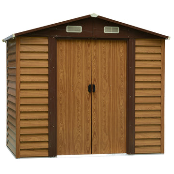 8 x 6ft Metal Garden Shed, House Hut Gardening Tool Storage with Ventilations, Sliding Door, Sloped Roof and Foundation Kit for Garden, Patio, Brown