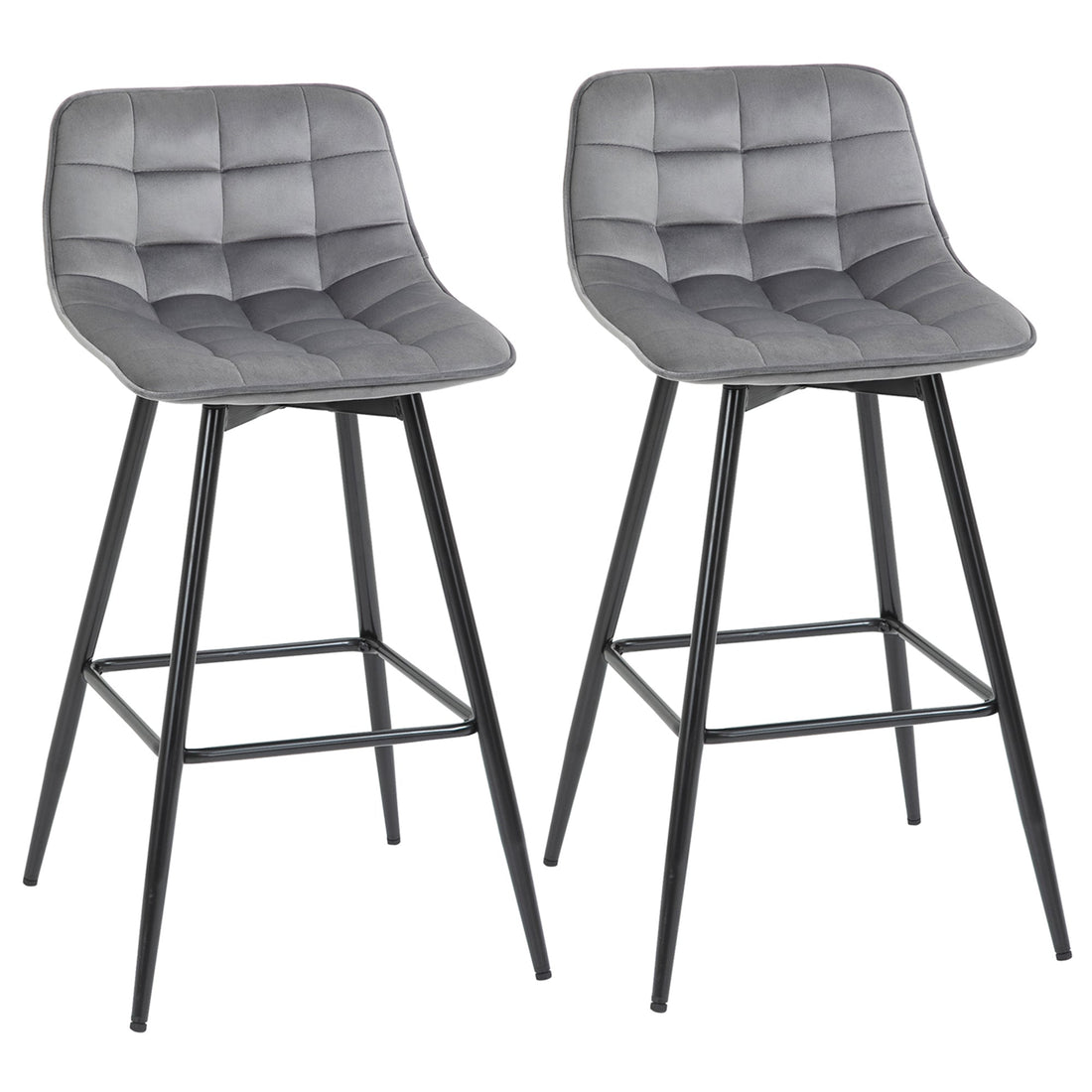 Set of 2 Bar Stools Velvet-Touch Dining Chairs Kitchen Counter Chairs Fabric Upholstered seat with Metal Legs, Backrest, Grey