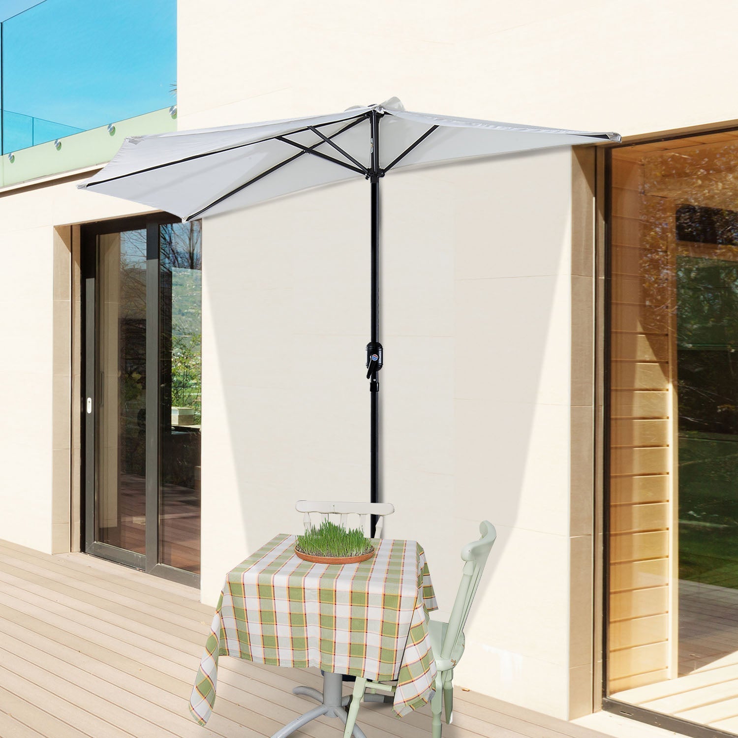 3(m) Half Parasol, Semi Round Umbrella with Metal Frame, Crank Handle for Balcony, Garden, Cream White