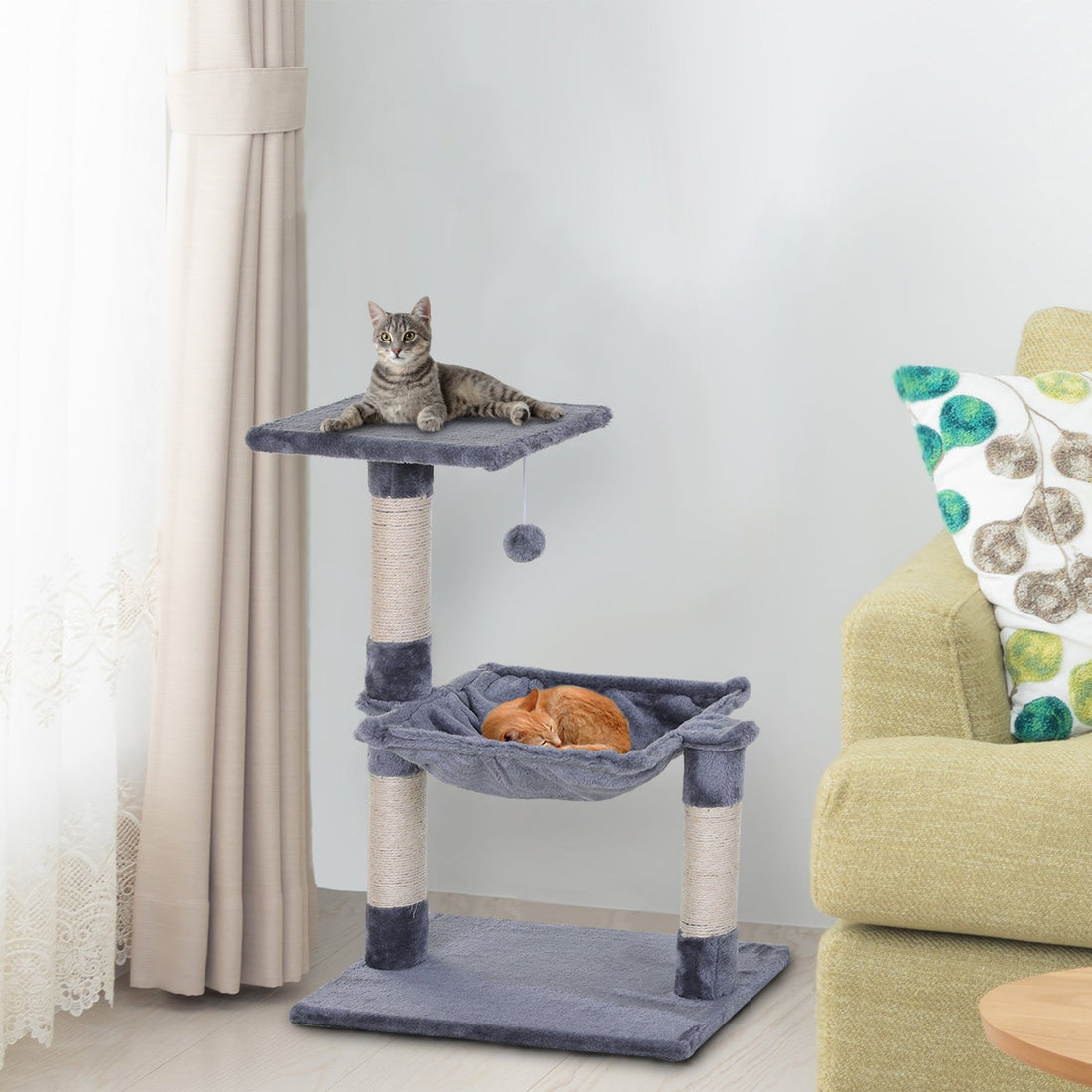 Cat Scratch Post with Bed Cat Tree for Indoor Cats Sisal Scratching Posts Hammock Kitty Activity Centre Grey