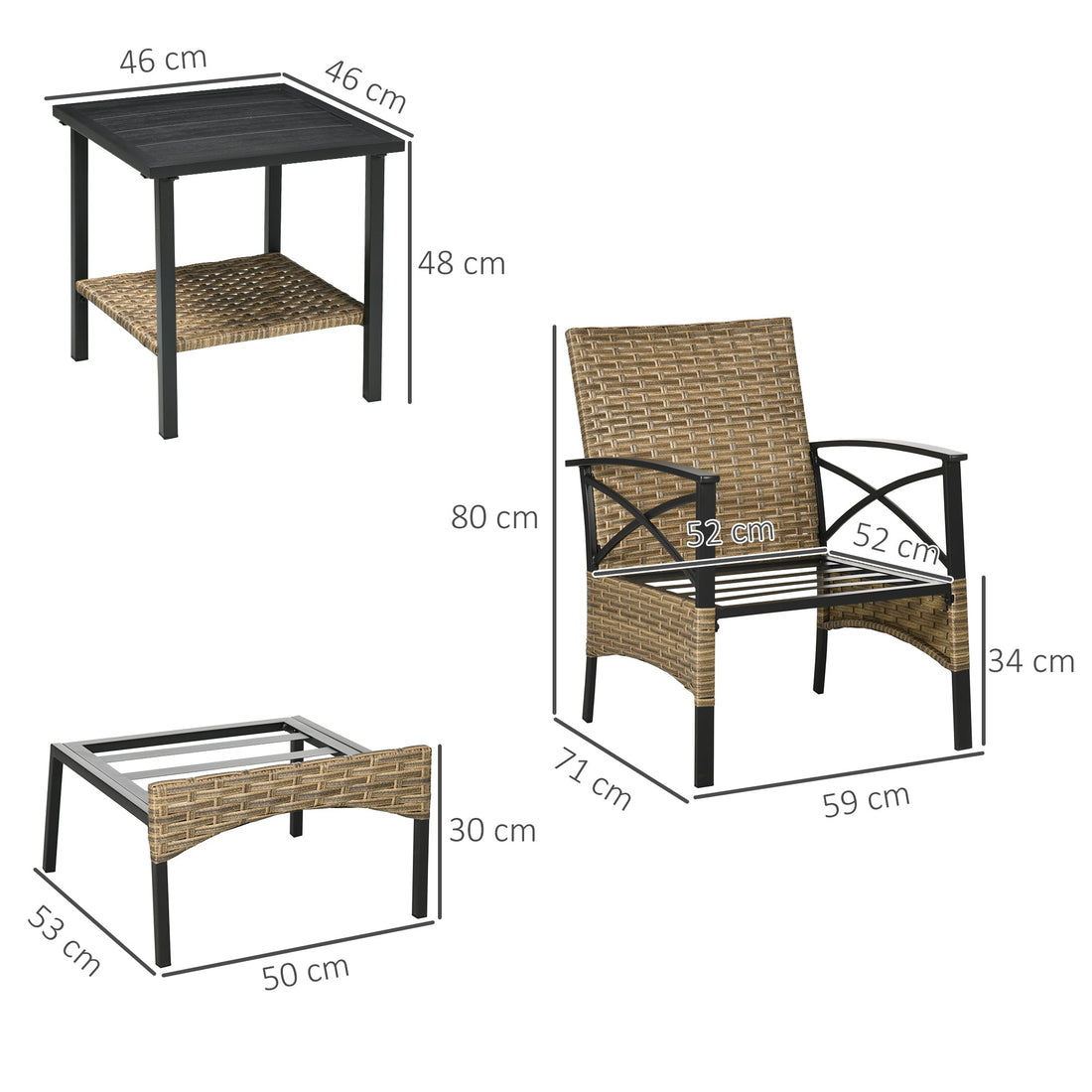 5 Piece PE Rattan Garden Furniture Set, 2 Armchairs,2 Stools, Steel Tabletop with Wicker Shelf, Padded Outdoor Seating, Grey