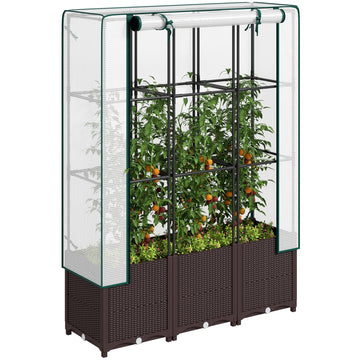 Raised Garden Bed with Trellis, Plastic Planter Box with PE Cover, Drainage Holes and Drain Plugs for Climbing Plants, Vegetables, Flowers, 120 x 40 x 140 cm