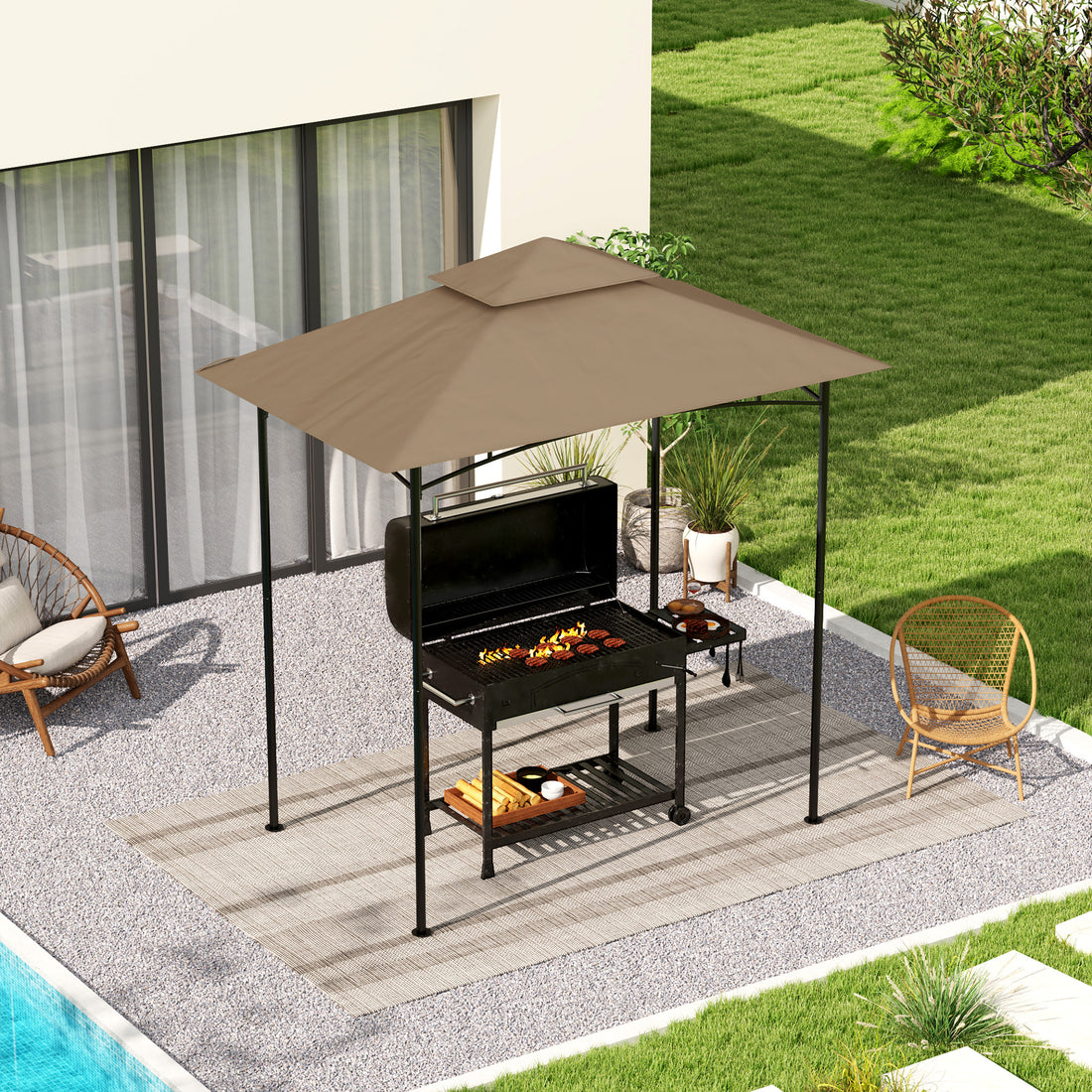 Grill Gazebo Replacement Canopy Roof for 1.5 x 2.4m Frame, UPF50+ Protection, Double Tiered 5' x 8' Outdoor BBQ Gazebo Cover Replacement, TOP COVER ONLY, Khaki