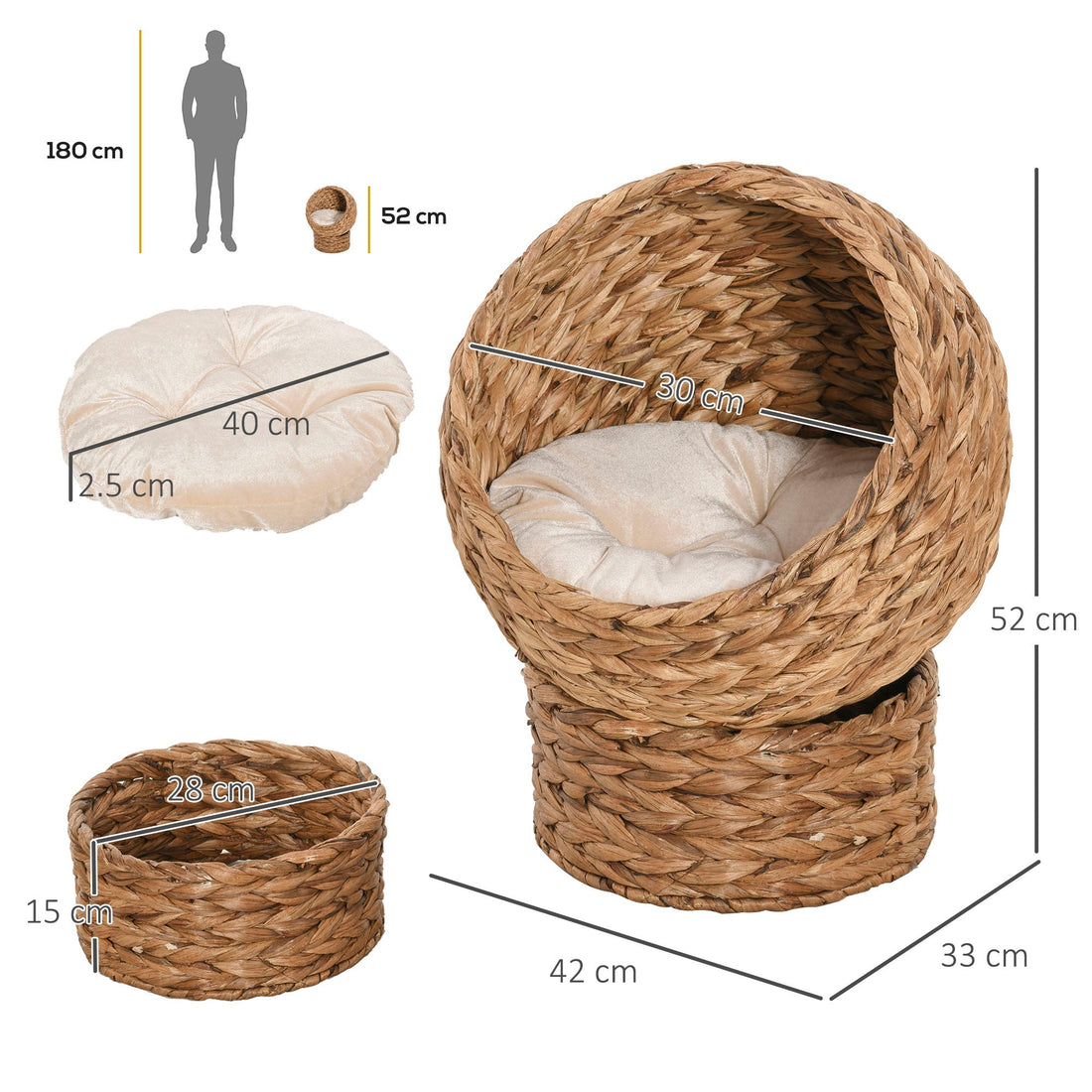 Wicker Cat Bed, Raised Rattan Cat Basket with Cylindrical Base, Soft Washable Cushion, 42 x 33 x 52cm - Brown