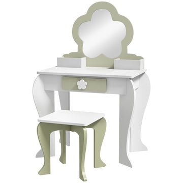 Kids Vanity Table with Mirror and Stool, Drawer, Storage Boxes, Flower Design, for Ages 3-6 Years - White