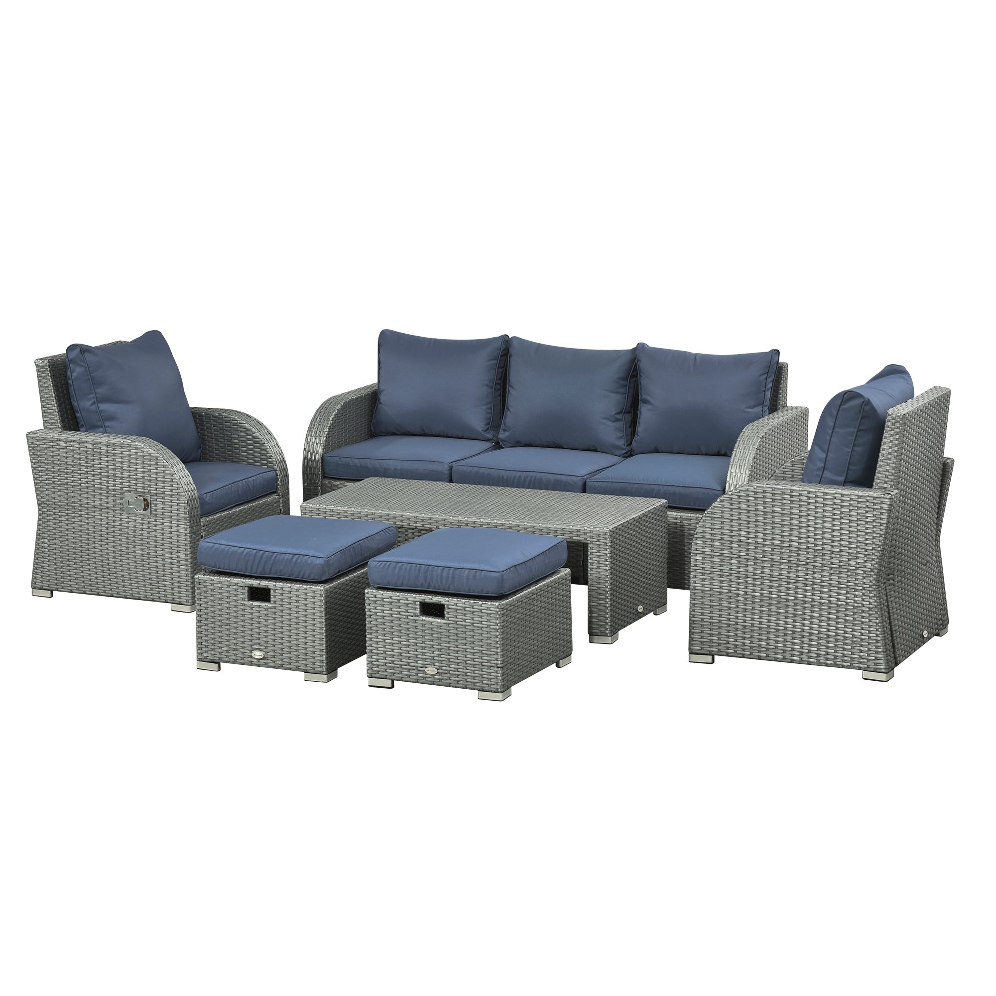 Six-piece Outdoor Rattan Dining Set, Outdoor Sofa Set with Reclining Armchairs and Mental Frame, Blue