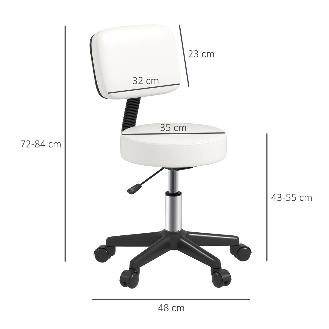 Beautician's Swivel Salon Chair w/ Padded Seat Back 5 Wheels Adjustable Height Salon Hairdressers Tattoo Spa Rolling Cushion Professional 48cm White