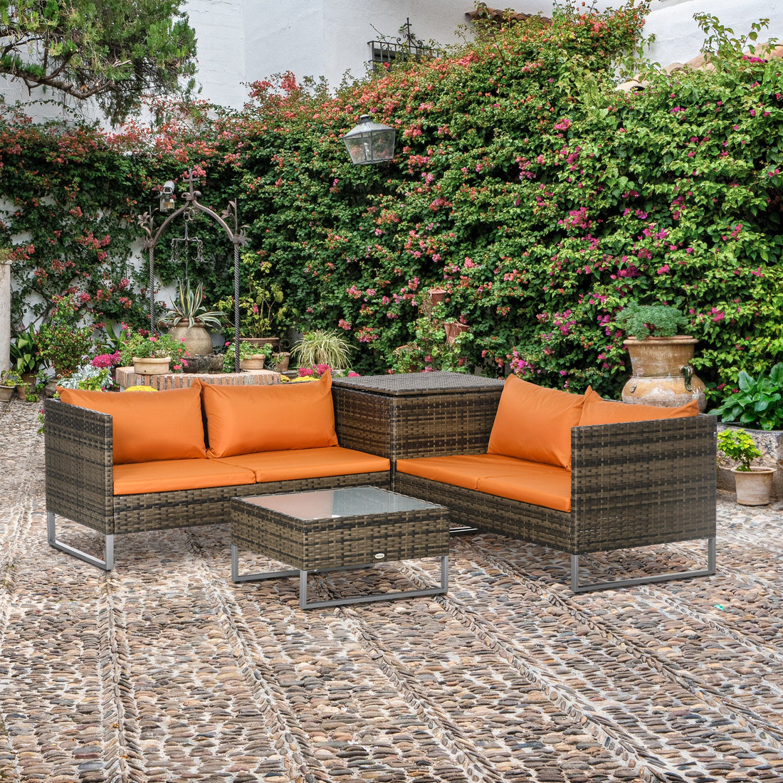 Four-Piece Rattan Sofa Set, with Storage Table - Orange/Brown
