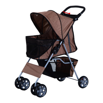 Pet Stroller for Small Miniature Dogs Cats Foldable Travel Carriage with Wheels Zipper Entry Cup Holder Storage Basket Brown