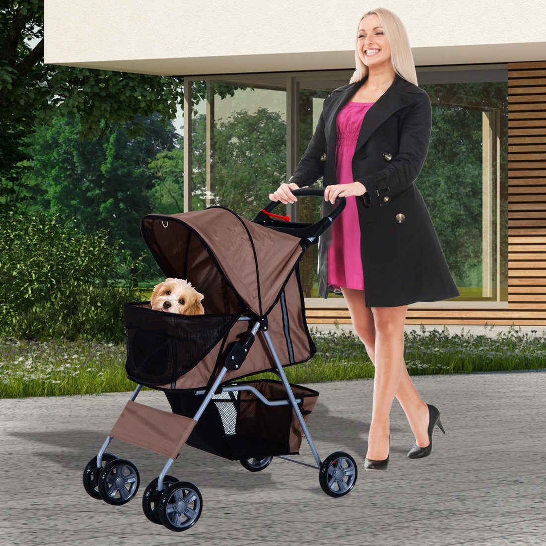 Pet Stroller for Small Miniature Dogs Cats Foldable Travel Carriage with Wheels Zipper Entry Cup Holder Storage Basket Brown