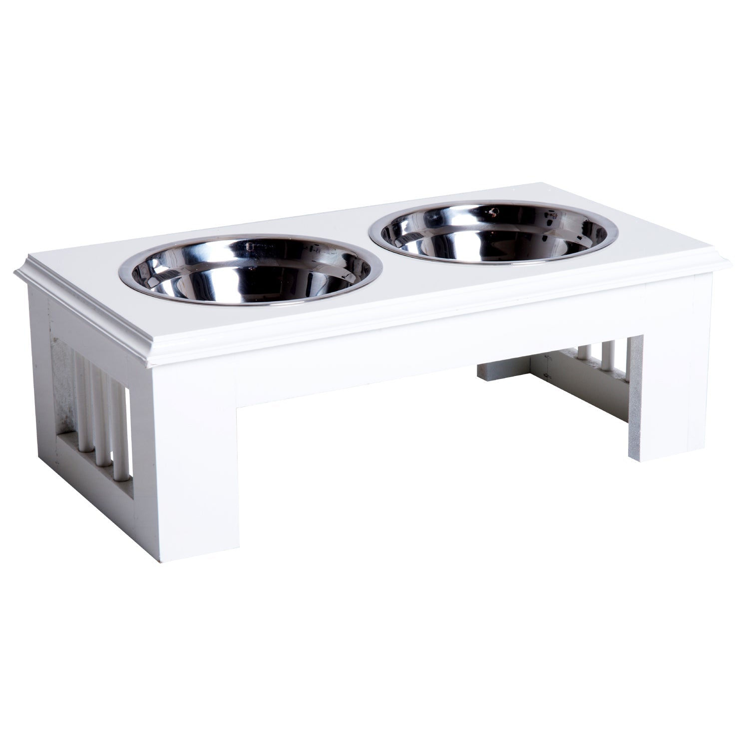 Raised Dog Feeding Bowls with Stand, Stainless Steel for Extra Small and Small Dog, 44L x 24W x 15H cm - White