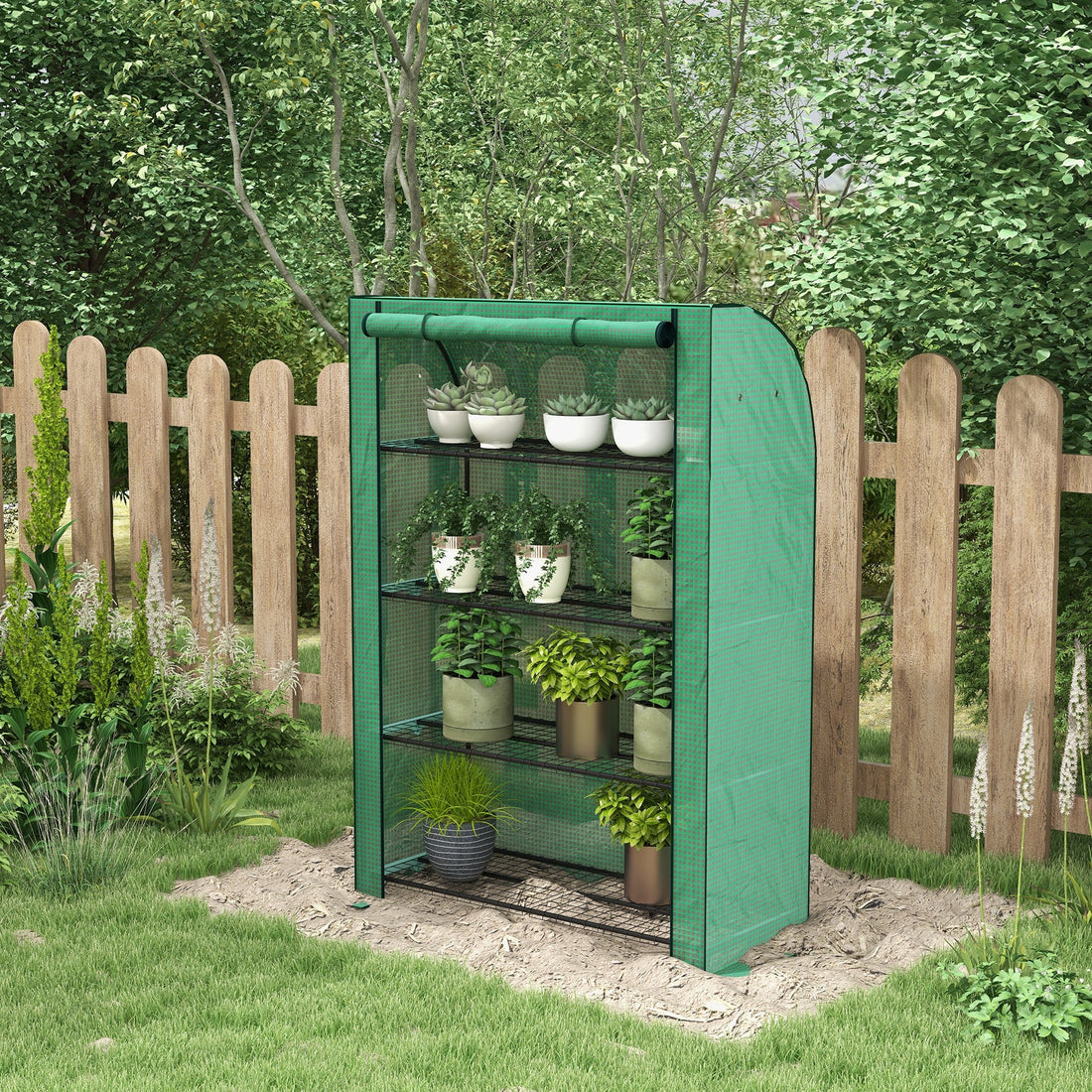 4 Tier Mini Greenhouse with Reinforced PE Cover, Portable Indoor Outdoor Green House with Roll-up Door and Wire Shelves, 170H x 120W x 50Dcm, Green