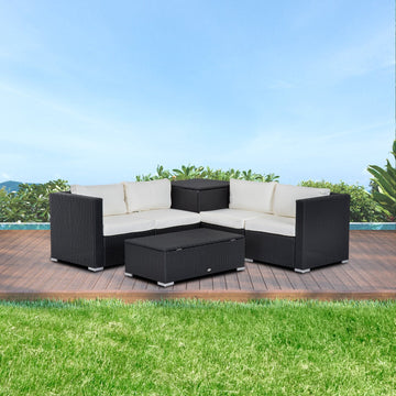 6 Pieces Rattan Garden Furniture Set, 4 Seater Wicker Garden Corner Sofa Set with 2 Storage Tables and Loveseats, Outdoor Conversation Furniture with Cushions for Conservatory, Patio, Black