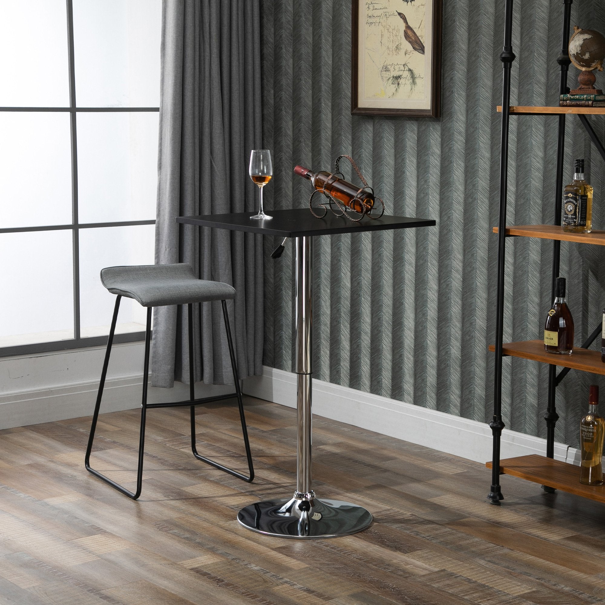 Modern Height Adjustable Counter Bar Table with 360° Swivel Tabletop and Electroplating Metal Base, Pub Desk for Living Room, Kitchen, Restaurant, Pub, Black and Silver