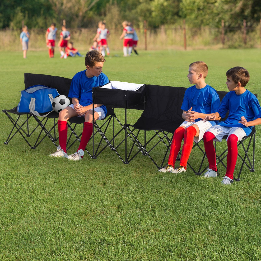 6 Seat Folding Sports Bench Portable Sports Team Bench Spectator Chair with Cooler Bag and Carrying Bag for Outdoor Picnic Camping - Black
