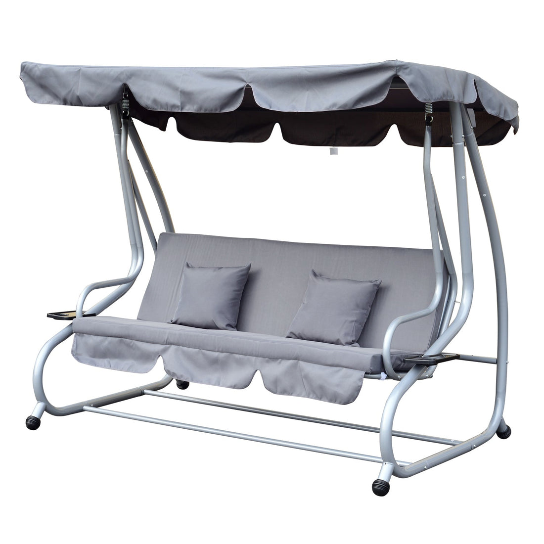 2-in-1 Garden Swing Seat Bed, 3 Seater Convertible Swing Chair Bench with Tilting Canopy, Cushioned Seat and 2 Pillows for Patio, Yard, Grey