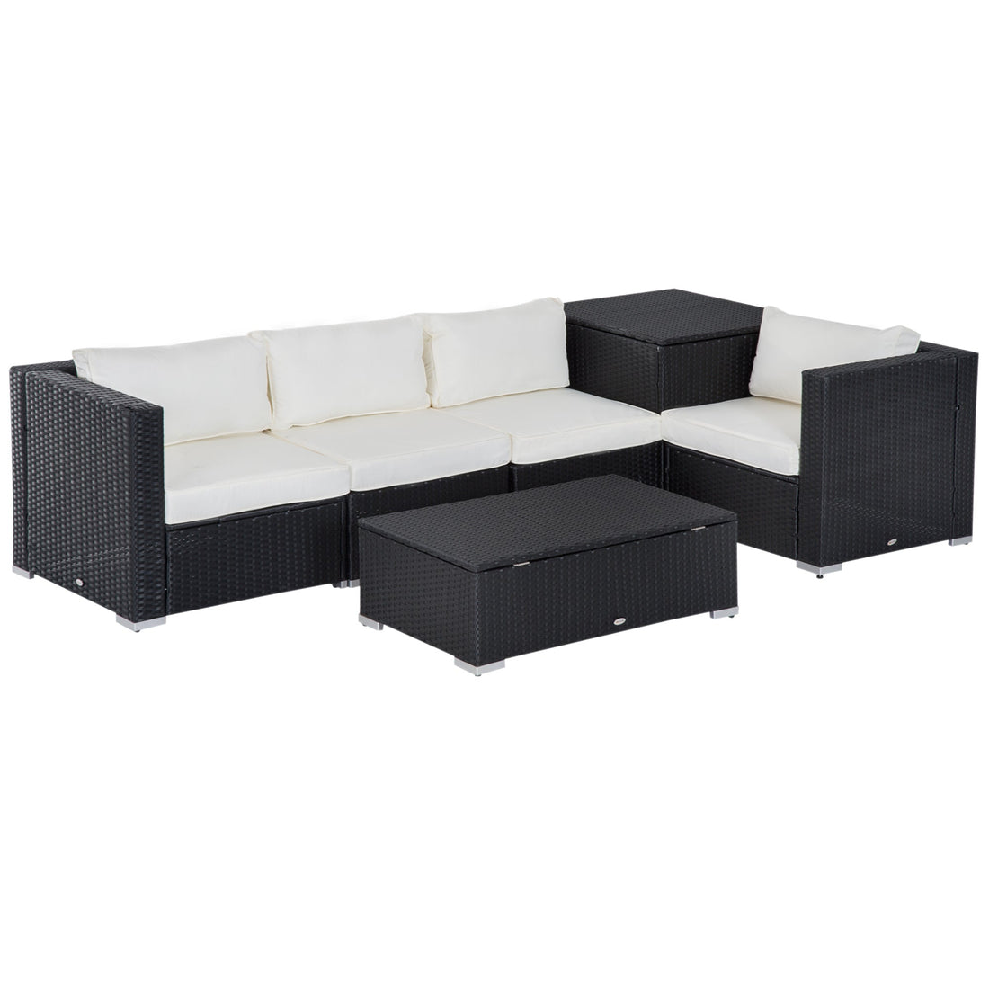 6 Pieces Rattan Garden Furniture Set, 4 Seater Wicker Garden Corner Sofa Set with 2 Storage Tables and Loveseats, Outdoor Conversation Furniture with Cushions for Conservatory, Patio, Black