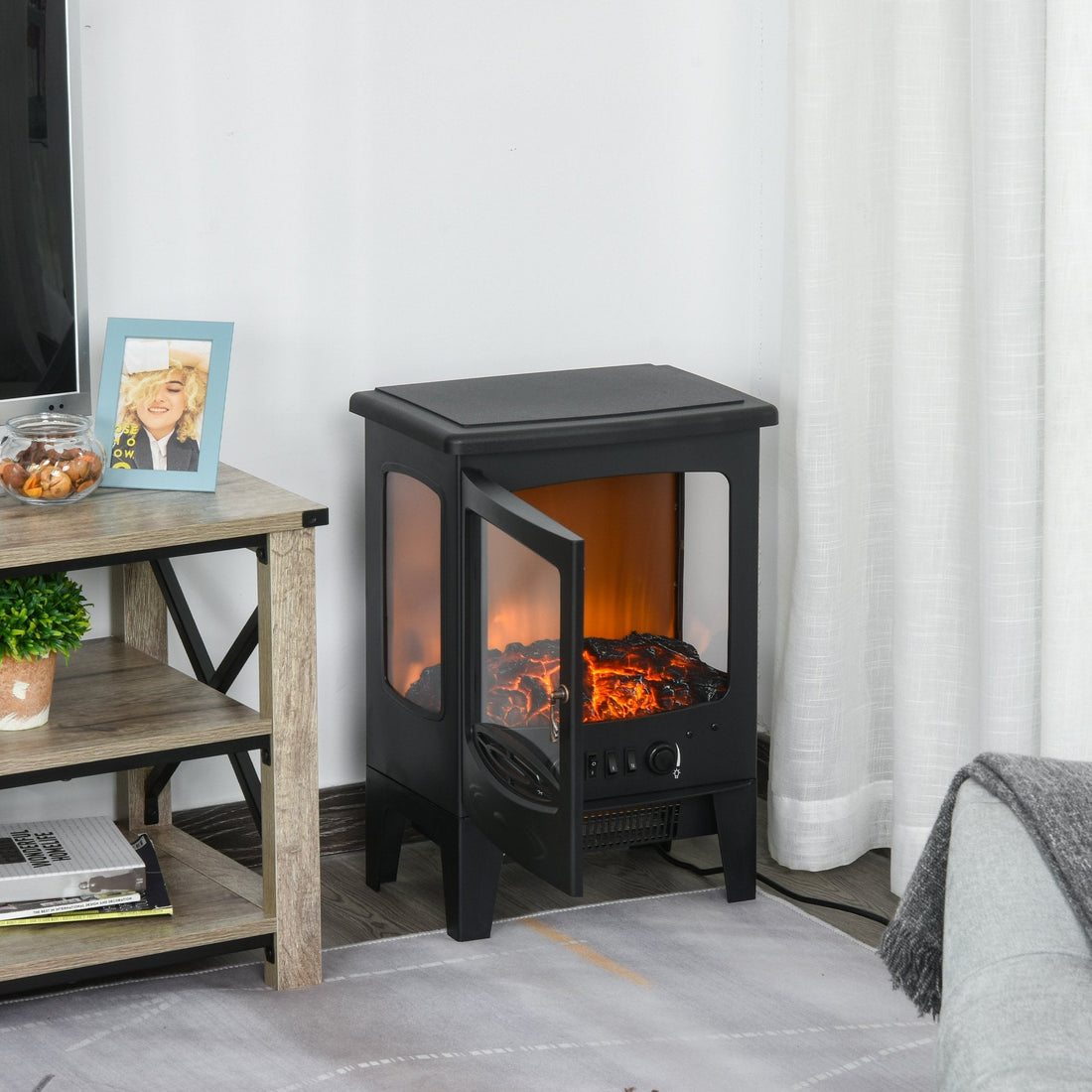 900W/1800W Freestanding Electric Fireplace Room Heater w/ Adjustable Artificial Flame Tempered Glass Safe Home Warmth Retro Faux Fire