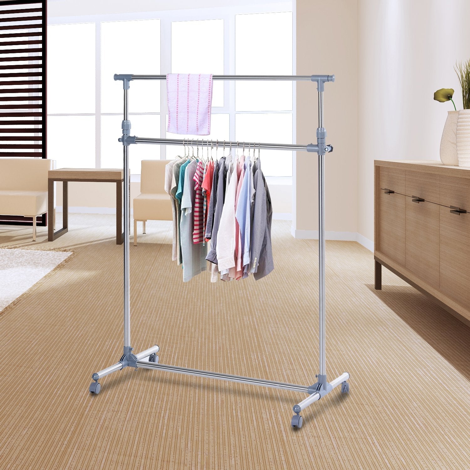 Heavy Duty Clothes Hanger Garment Rail Hanging Display Stand Rack w/ Wheels Adjustable
