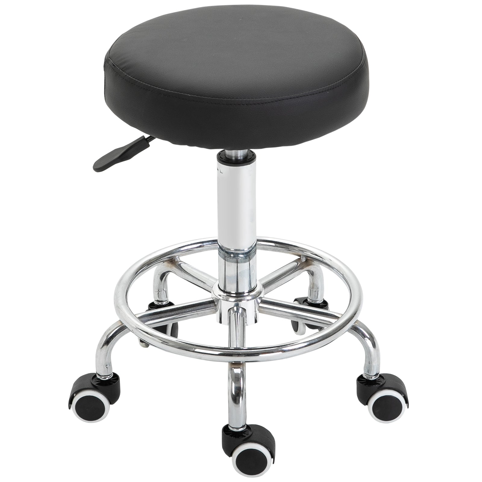 Round Rolling Stool, PU Leather Height Adjustable Stool Chair with Wheels and Swivel Seat for Salon, Massage, Spa, Home Kitchen, Black