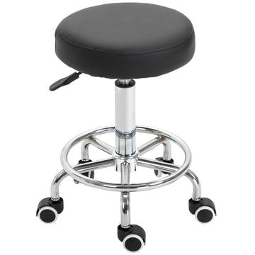 Round Rolling Stool, PU Leather Height Adjustable Stool Chair with Wheels and Swivel Seat for Salon, Massage, Spa, Home Kitchen, Black