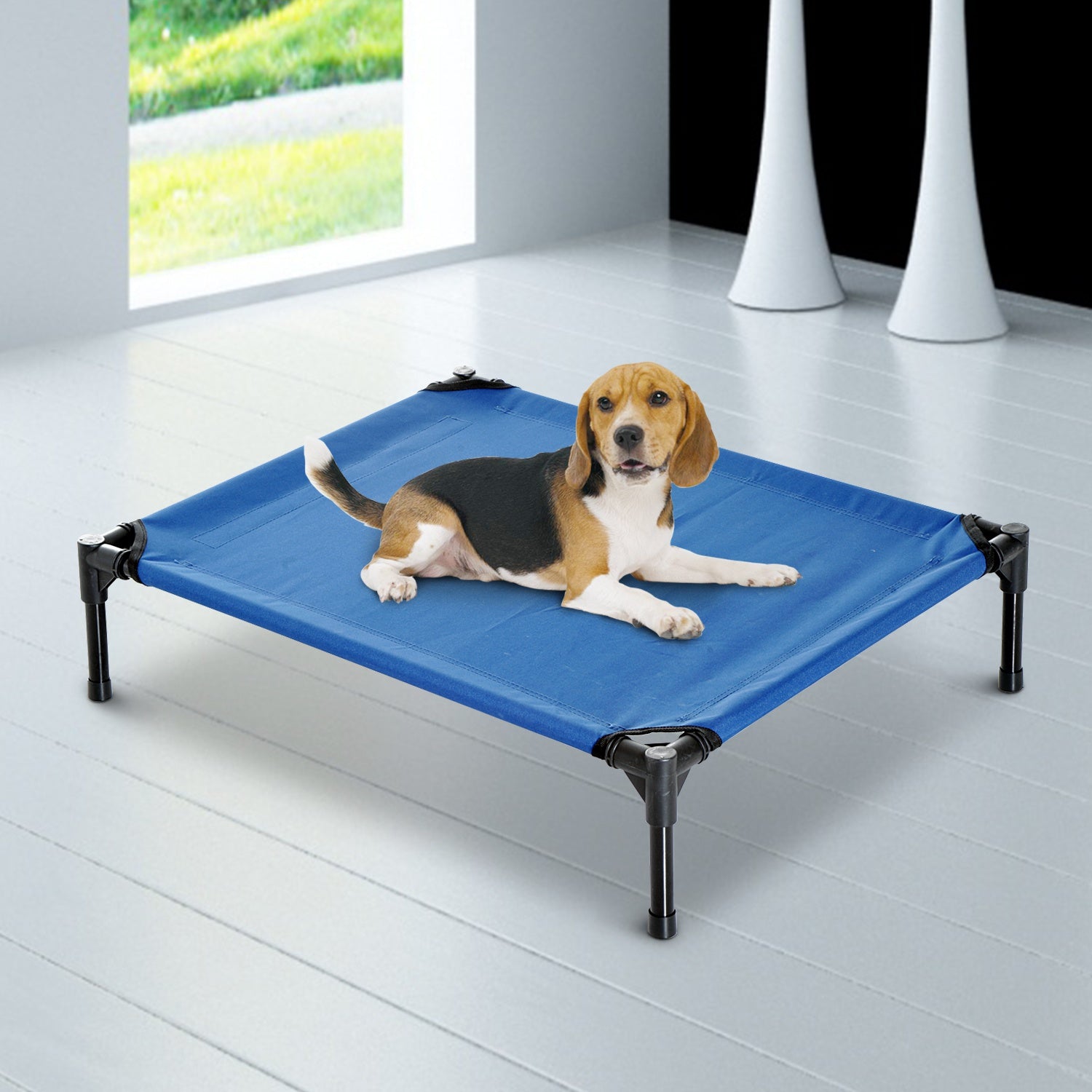 Raised Dog Bed Cat Elevated Lifted Portable Camping w/ Metal Frame Blue (Medium)