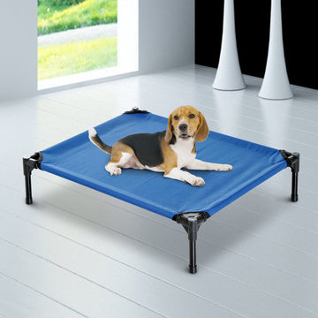 Raised Dog Bed Cat Elevated Lifted Portable Camping w/ Metal Frame Blue (Medium)