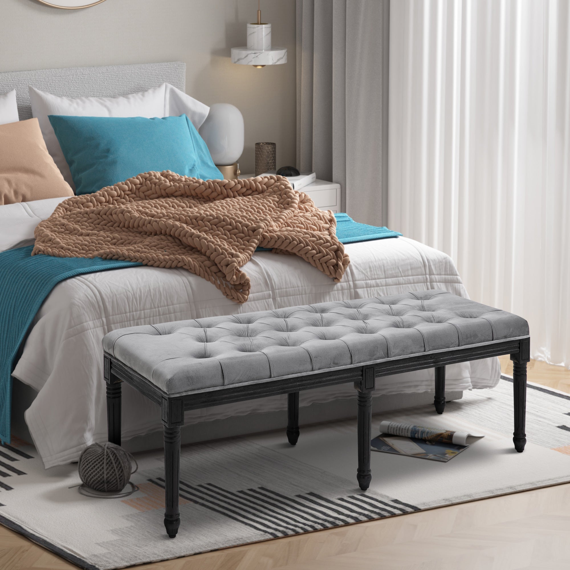 Fabric Bed End Bench Side Chaise Lounge Sofa Velvet Upholstered Tufted Accent Window Seat for Bedroom, Living Room, Hallway, Grey