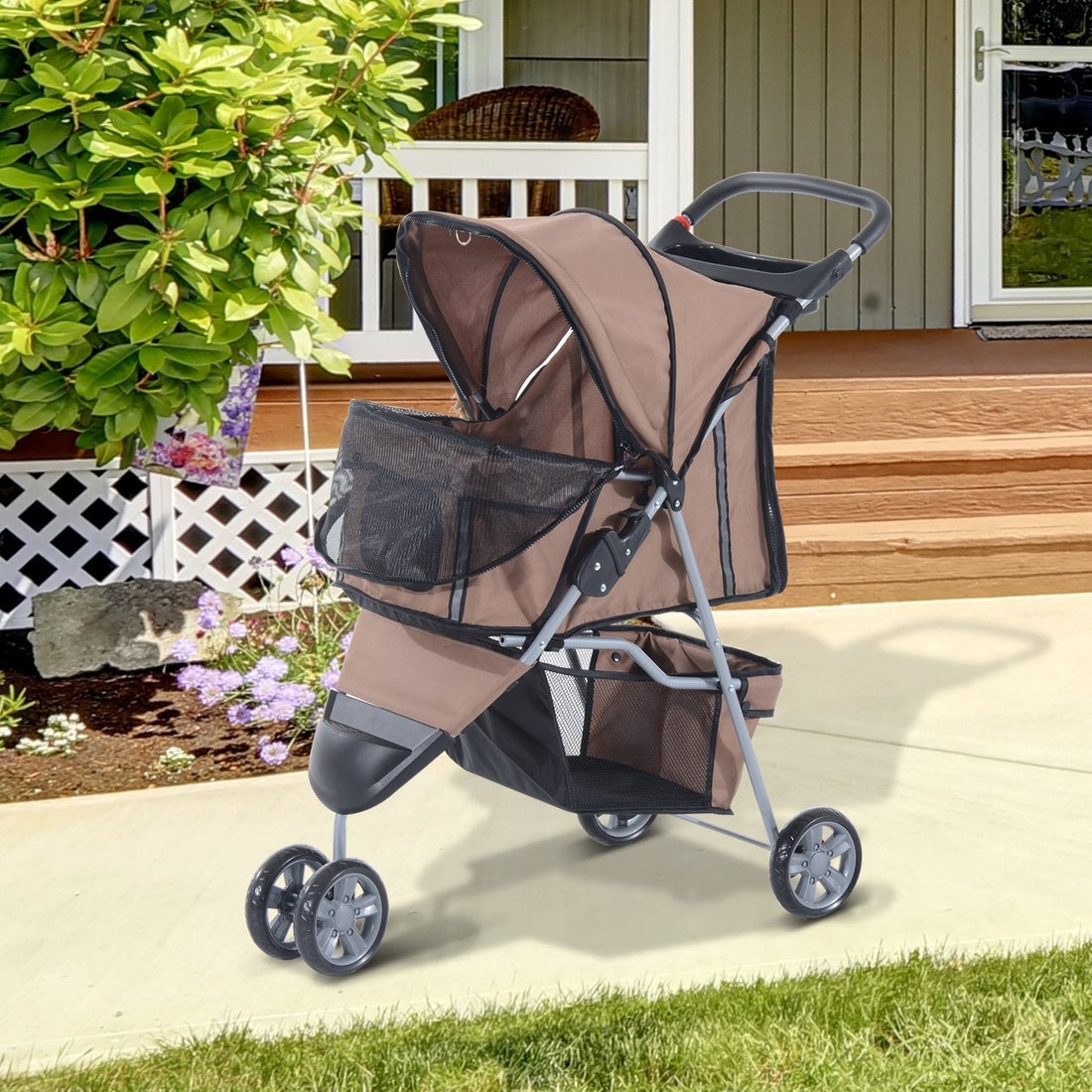Dog Stroller, 3 Wheels Foldable Cat Dog Pram with Cup Holder, Storage Basket, Pet Stroller for Small Miniature Dogs, Brown