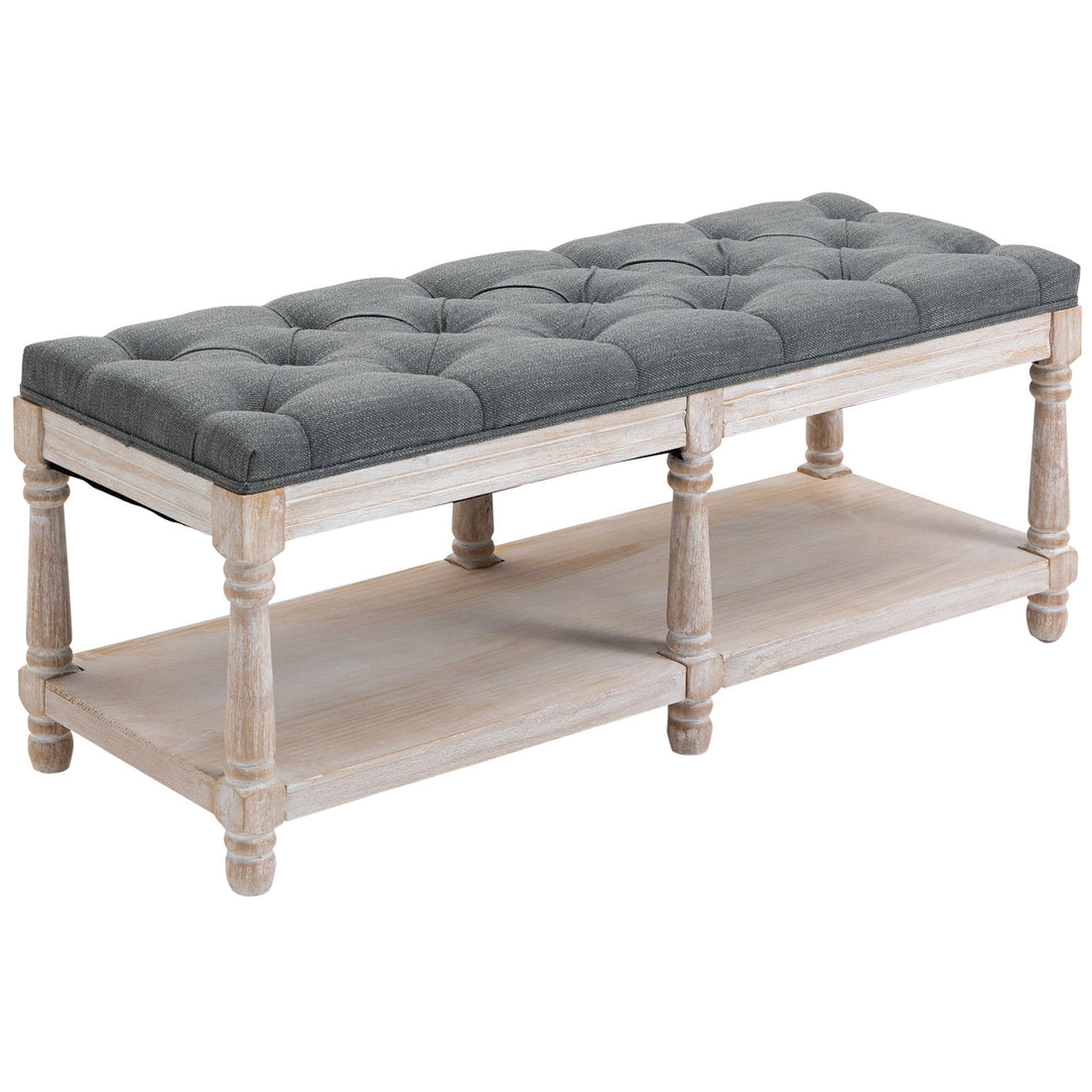 2-Tier Bed End Bench, Vintage Stool, Wooden Window Seat with Storage Shelf, Button Tufted Upholstered Footstool for Living Room, Bedroom, Entryway, Grey