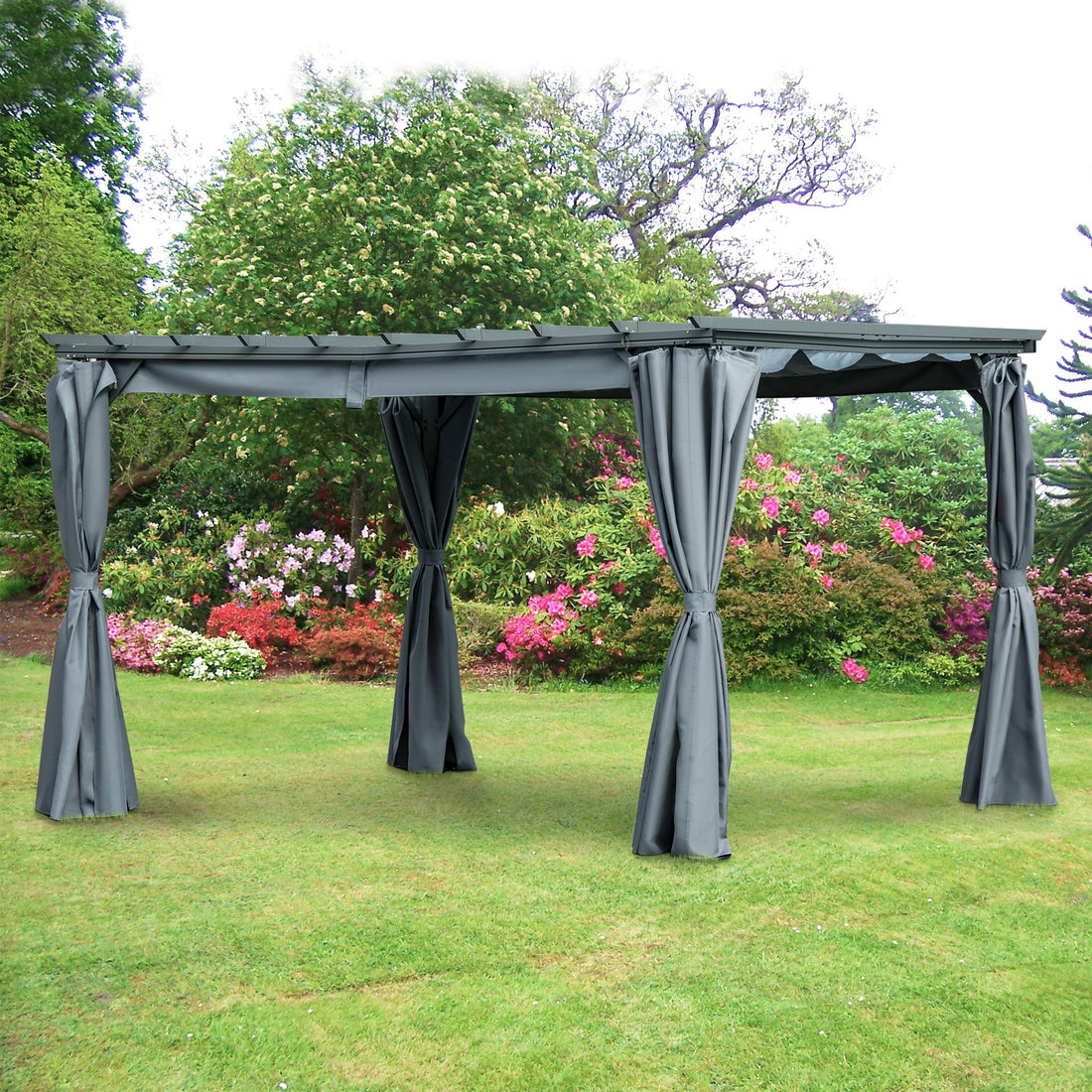 3.6 x 3(m) Outdoor Pergola with Retractable Roof and Curtains, Garden Gazebo Canopy Sun Shade Shelter with Aluminum Frame, Dark Grey