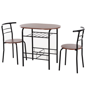 3-Piece Dining Table Set , Metal Frame Wood Top Breakfast Bar Table Set for 2, Dining Table w/Storage Shelf & 2 chairs
