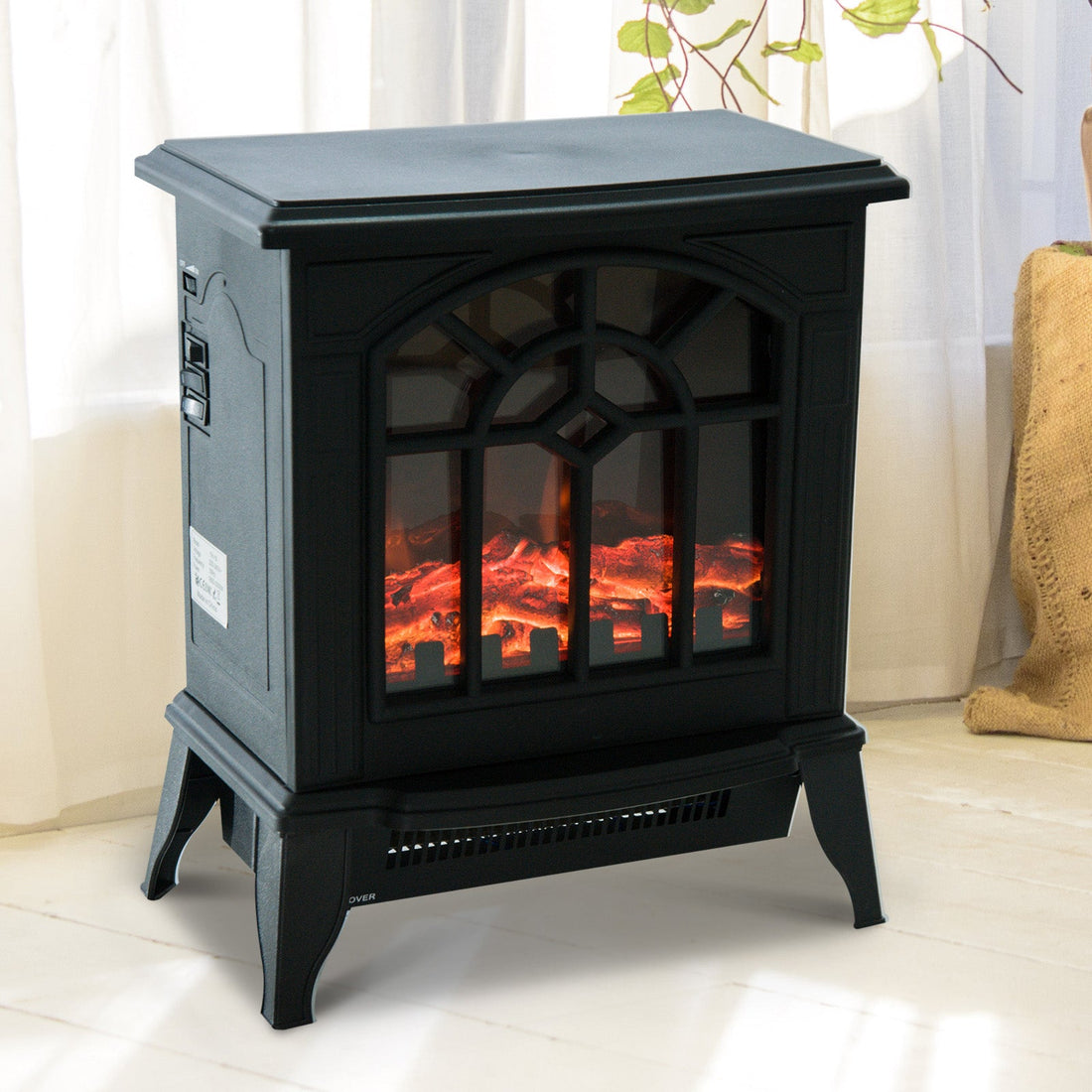 1000W/2000W Freestanding Electrical Fireplace Indoor Heater Stove Log Wood LED Burning Effect Flame with Thermostat Control Black
