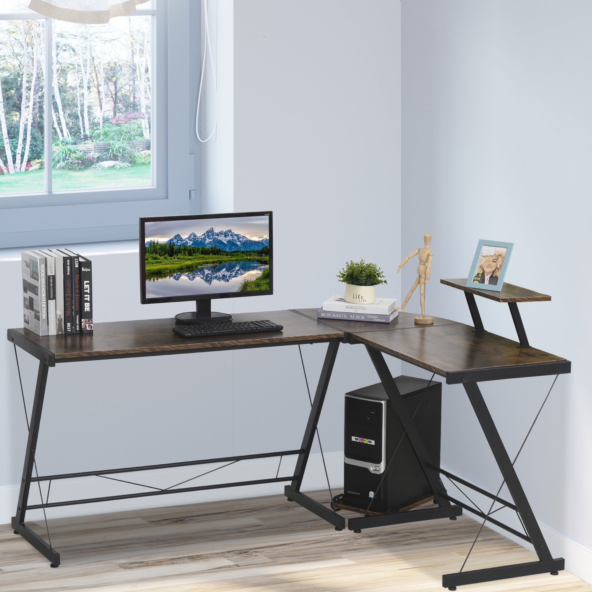 L Shaped Corner Desk, Gaming Desk, Computer Table with Monitor Stand and CPU Stand, Study Workstation for Home Office, 155 x 115 x 91.5cm, Rustic Brown and Black