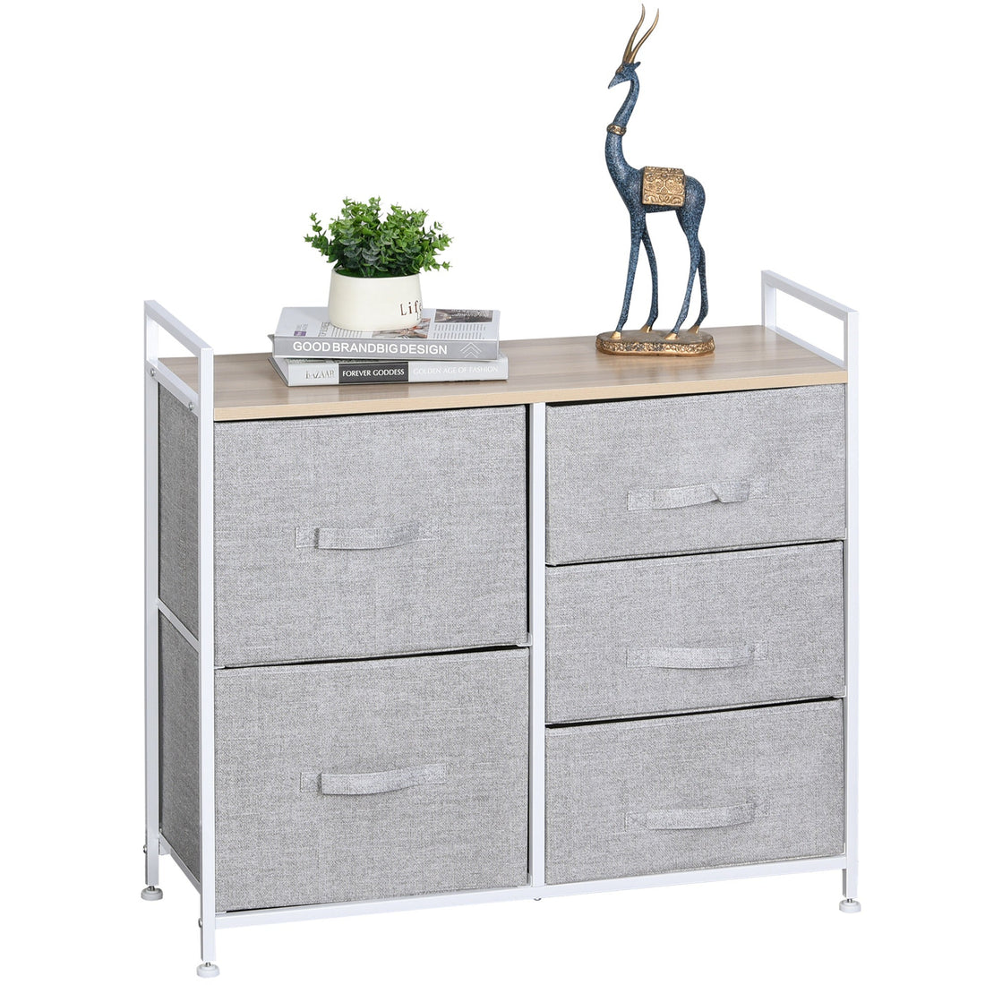 5 Drawer Linen Basket Storage Unit Home Organisation w/ Shelf Handles Metal Frame Adjustable Feet Hallway Home Dresser Grey