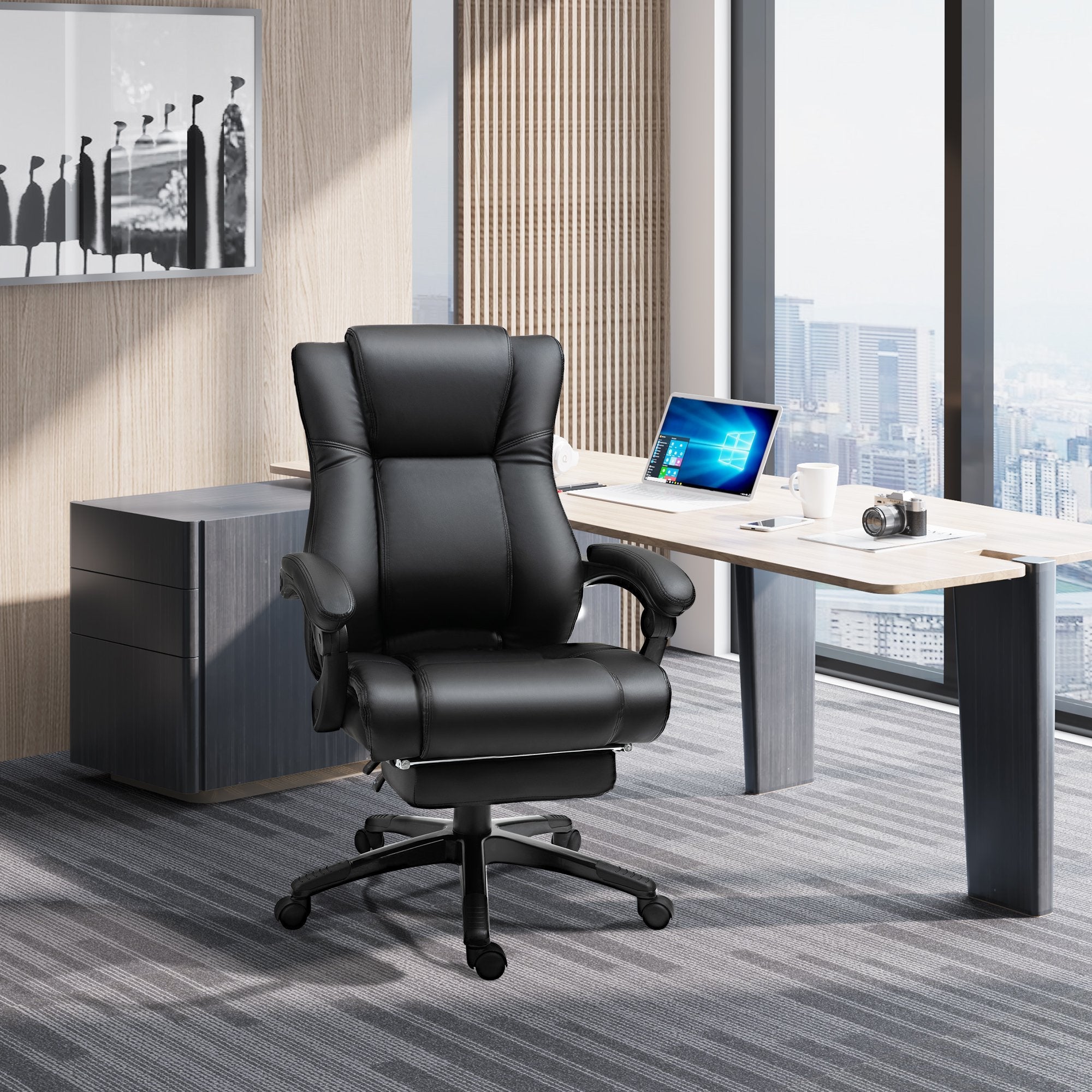 Executive Office Chair for Home, PU Leather Computer Chair, Swivel Desk Chair with Footrest, Wheels, Adjustable Height, Black