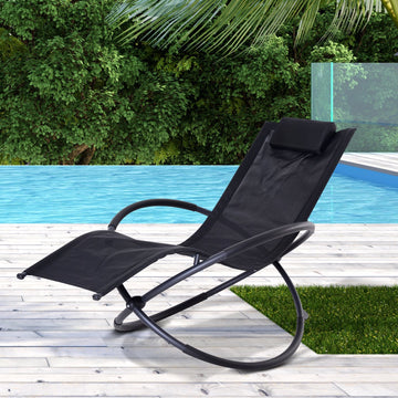 Outdoor Orbital Lounger Zero Gravity Patio Chaise Foldable Rocking Chair w/ Pillow Black