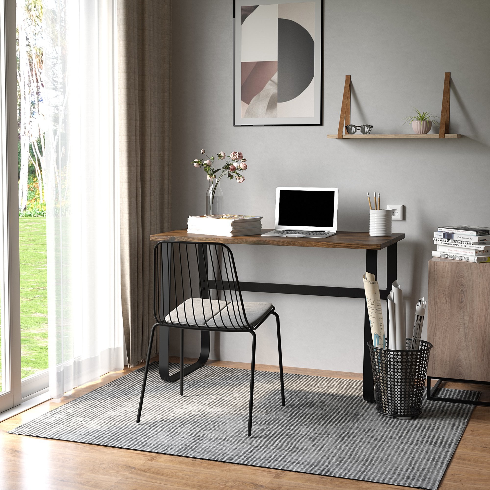 Computer Table, Writing Desk with Steel Frame and Wood Top, Industrial Home Study Table, 115 x 58 x 74.5cm, Rustic Brown and Black