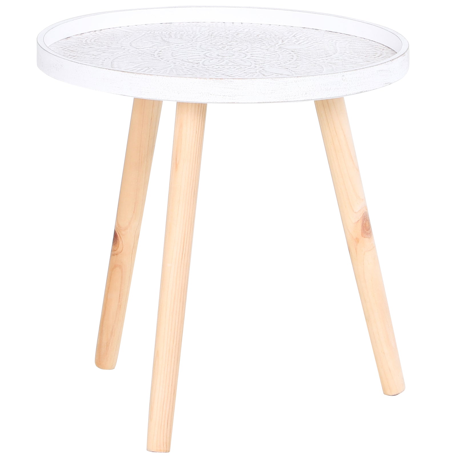 Coffee Table, Carved Floral Round Table with Tray-style Top and Wood Legs, Modern Side Table for Living Room, White