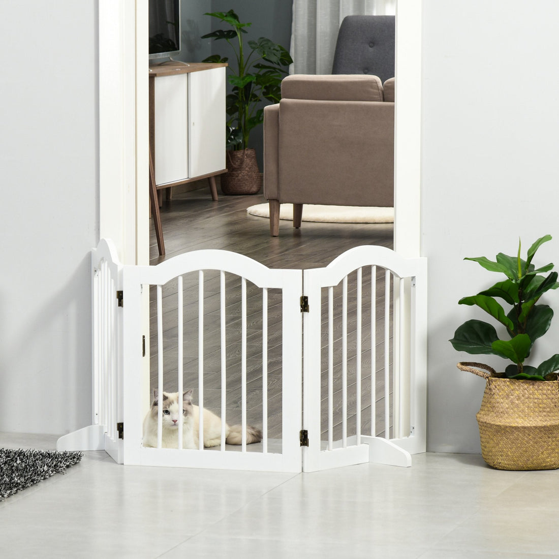 3 Panels Dog Gate w/ Support Feet Fence Safety Barrier Freestanding Wood White