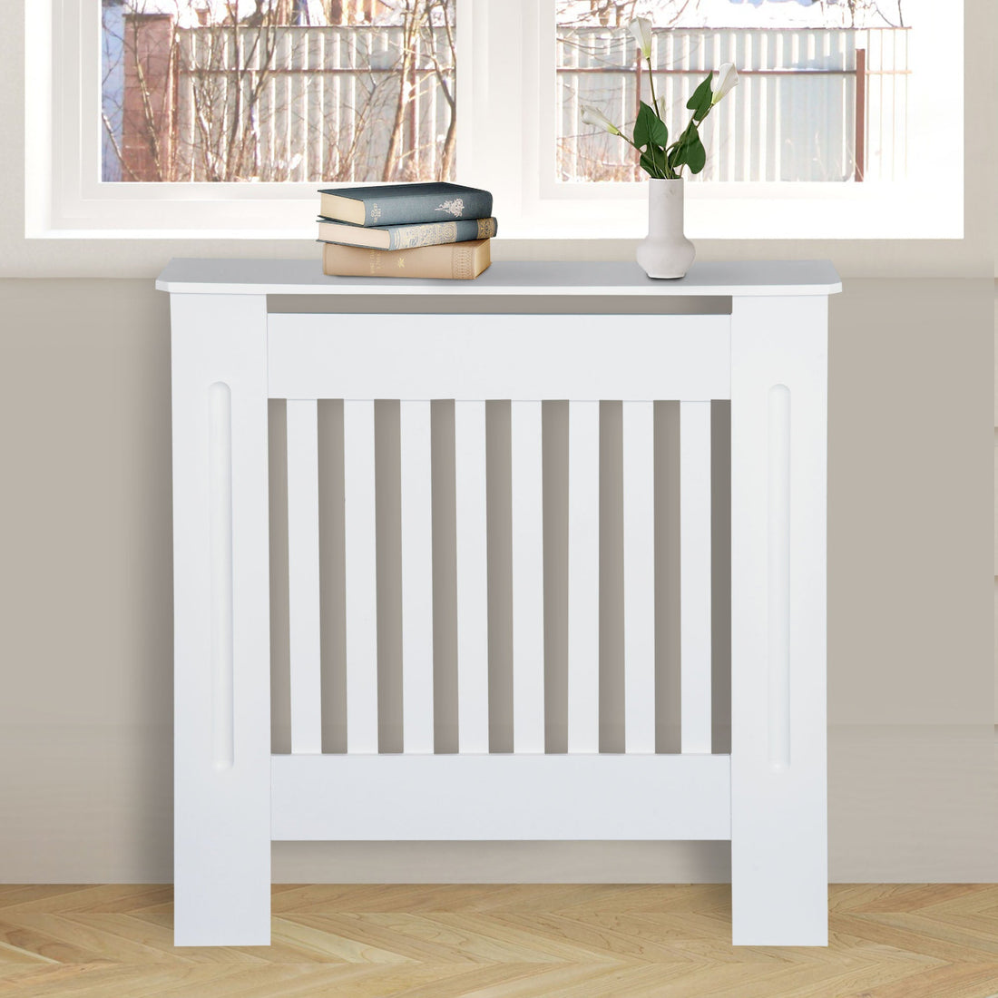 MDF Radiator Cover Wooden Cabinet Shelving Home Office Vertical Slatted Vent White 78L x 19W x 81H