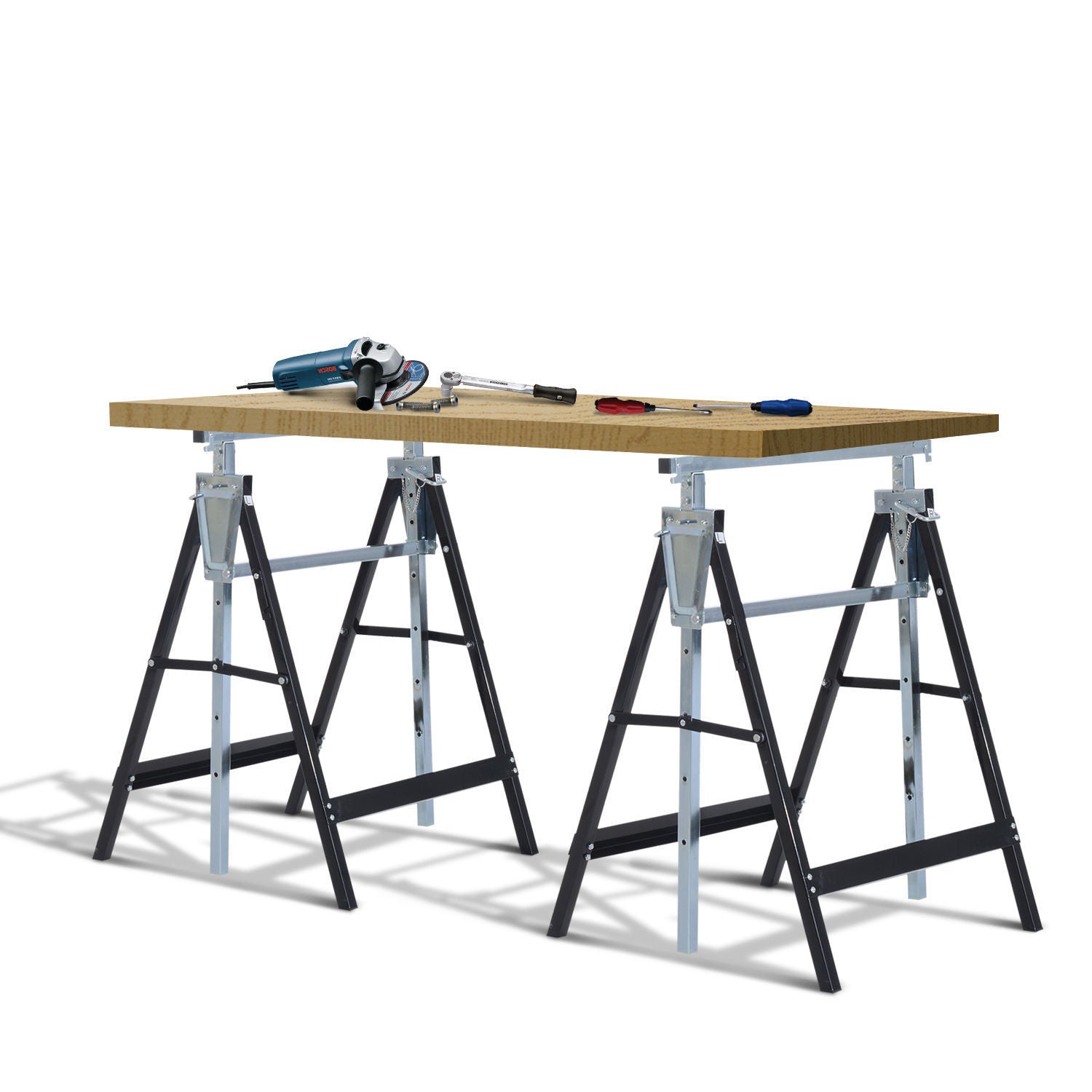 Set of 2 Adjustable Telescopic Builders Trestle, DIY Steel Work Bench Carpenter, Folding Saw Horse Tools Black
