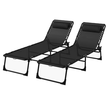 Set of Two Folding Sun Loungers, with Four-Position Backs - Black