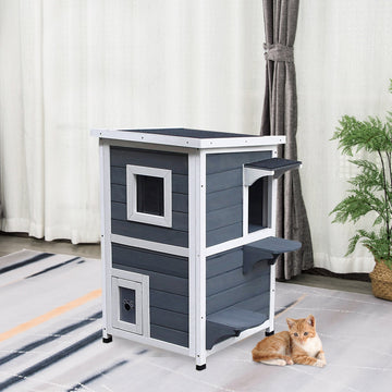 Wooden Cat House 2-Floor Outdoor Kitten Shelter with Window Grey